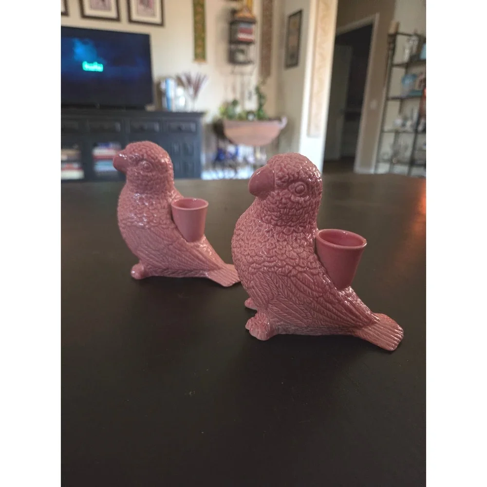 Jones & Co Pink Ceramic Parrot 2 Candle Holders Tropical Coastal Palm Beach